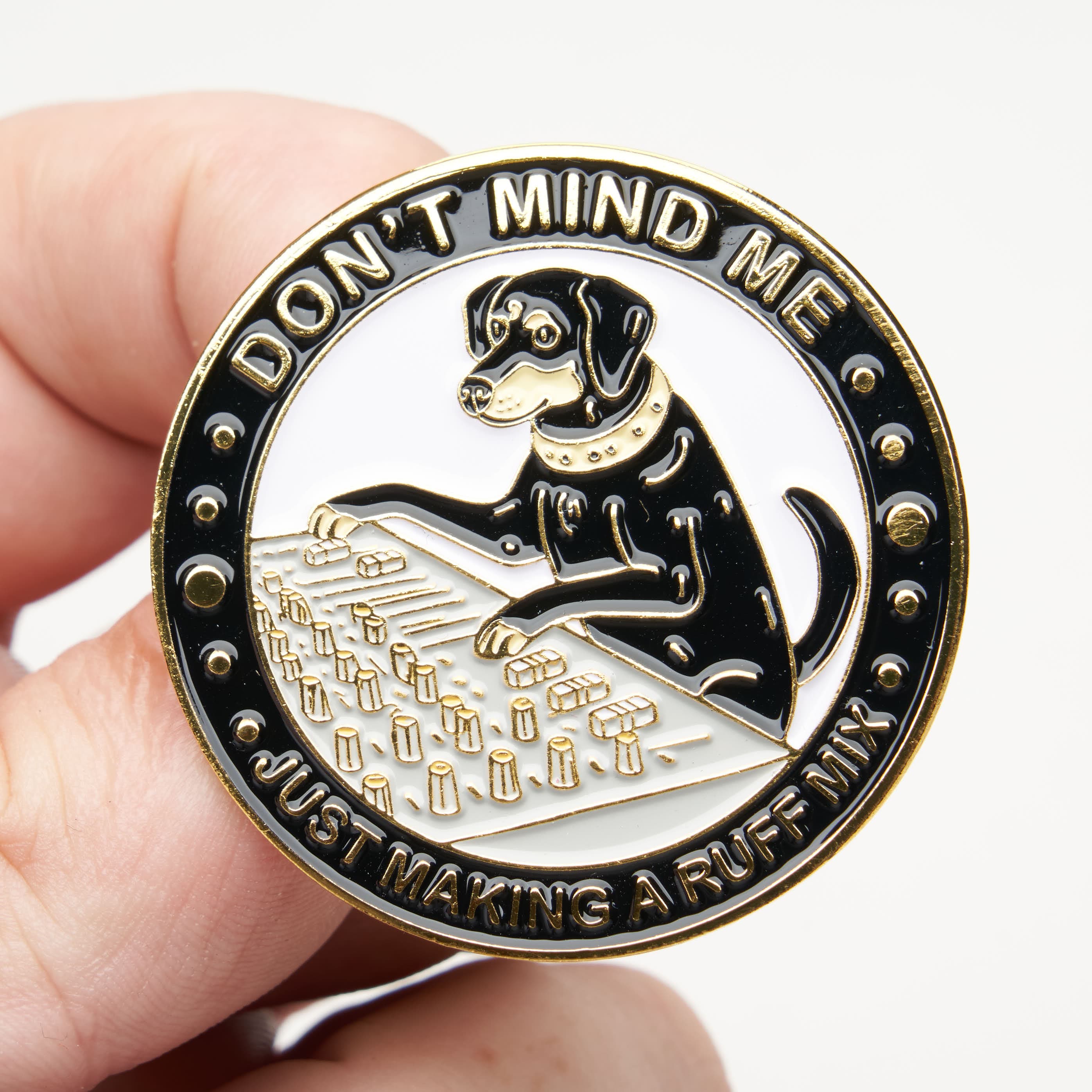 Url Mix Pin Adorable Dog Making a Ruff Mix Lapel Pin Accessory for Audio Engineers ...