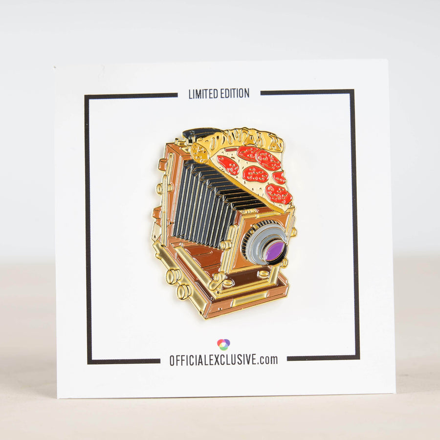 Pizza on Wooden Large Format Film Camera Pin